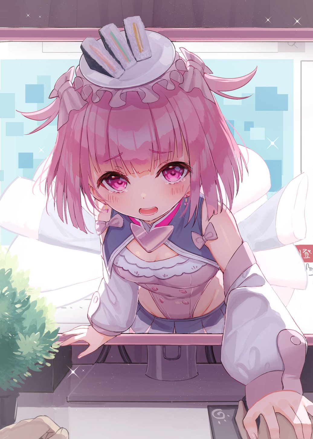 1boy, 1girl, bangs, bare_shoulders, blue_skirt, blush, breasts, commentary_request