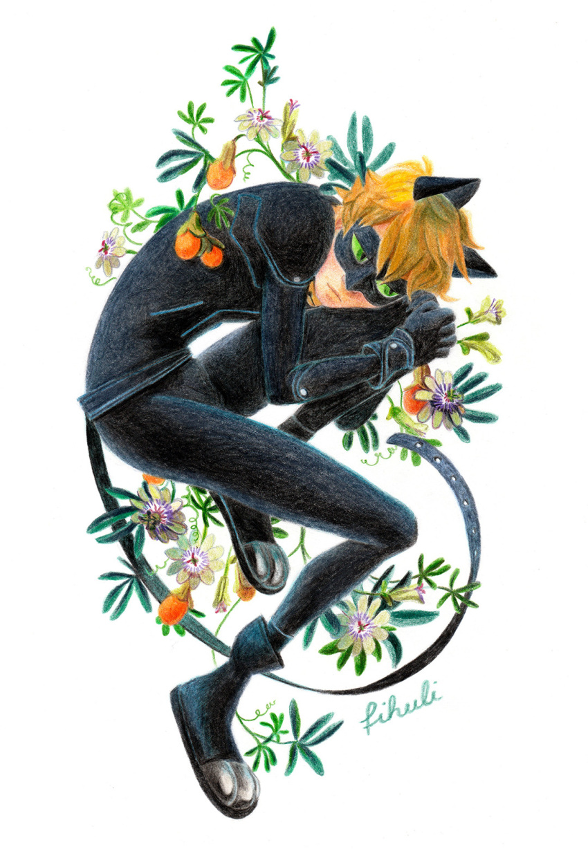 1boy, animal_ears, artist_name, black_footwear, black_gloves, black_legwear, bodysuit, chat_noir