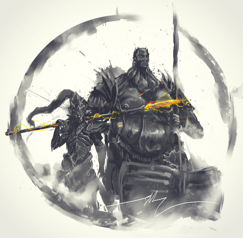 2boys, armor, breastplate, closed_mouth, dark_souls_i, dragon_slayer_ornstein, executioner_smough, full_armor