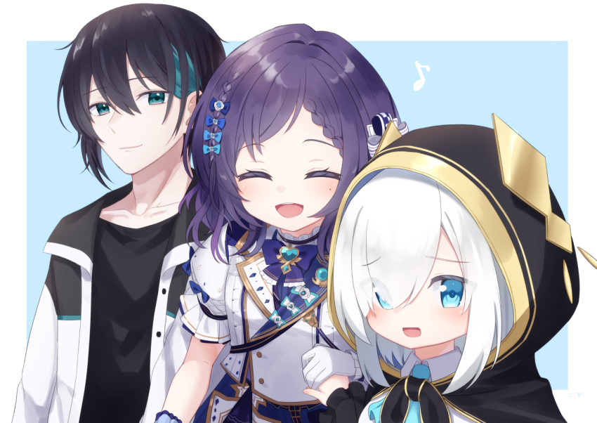 1boy, 2girls, :d, ^_^, aiba_uiha, ars_almal, bangs, black_cloak