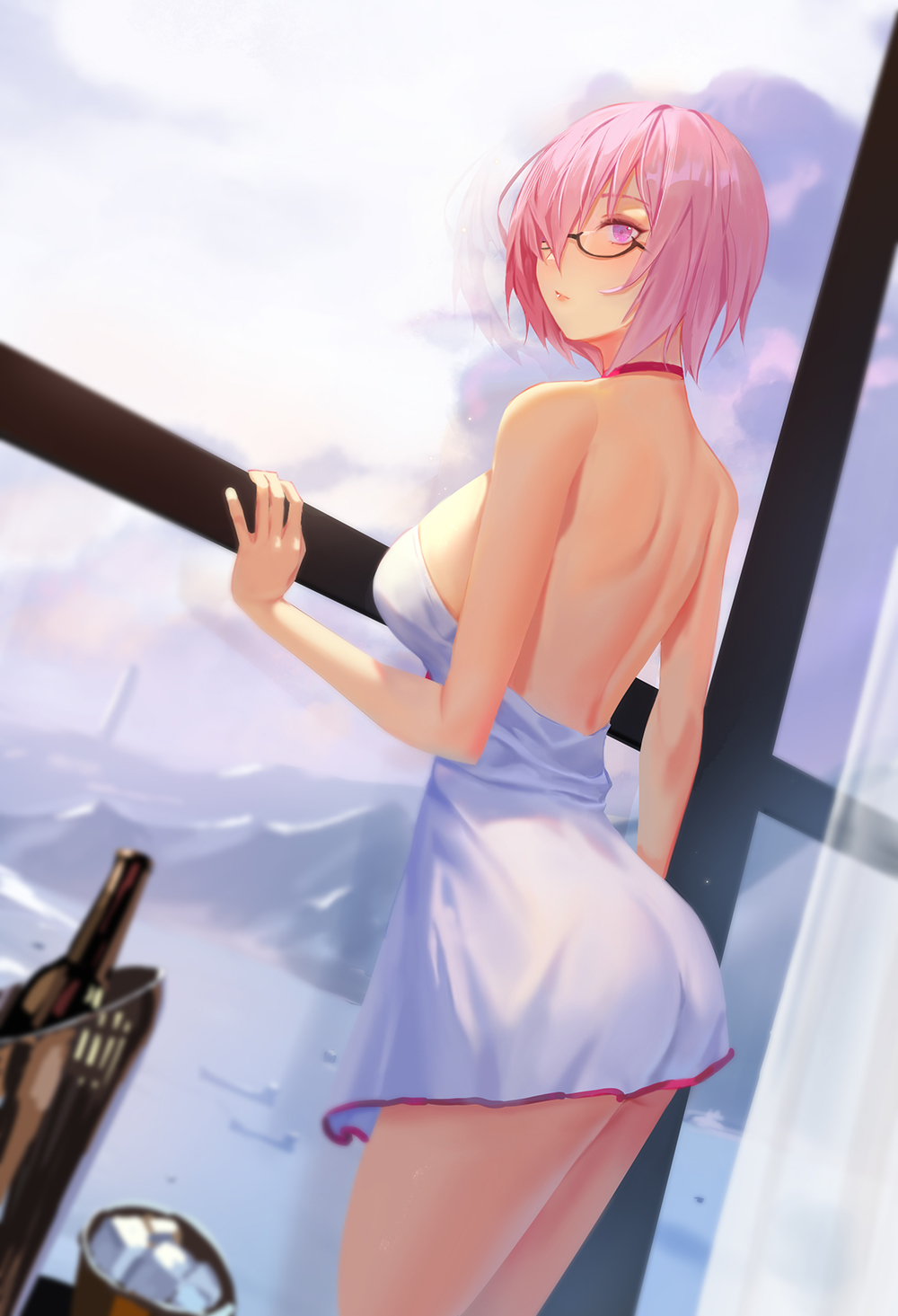 1girl, ass, back, bangs, bare_shoulders, breasts, dress_swimsuit, fate/grand_order