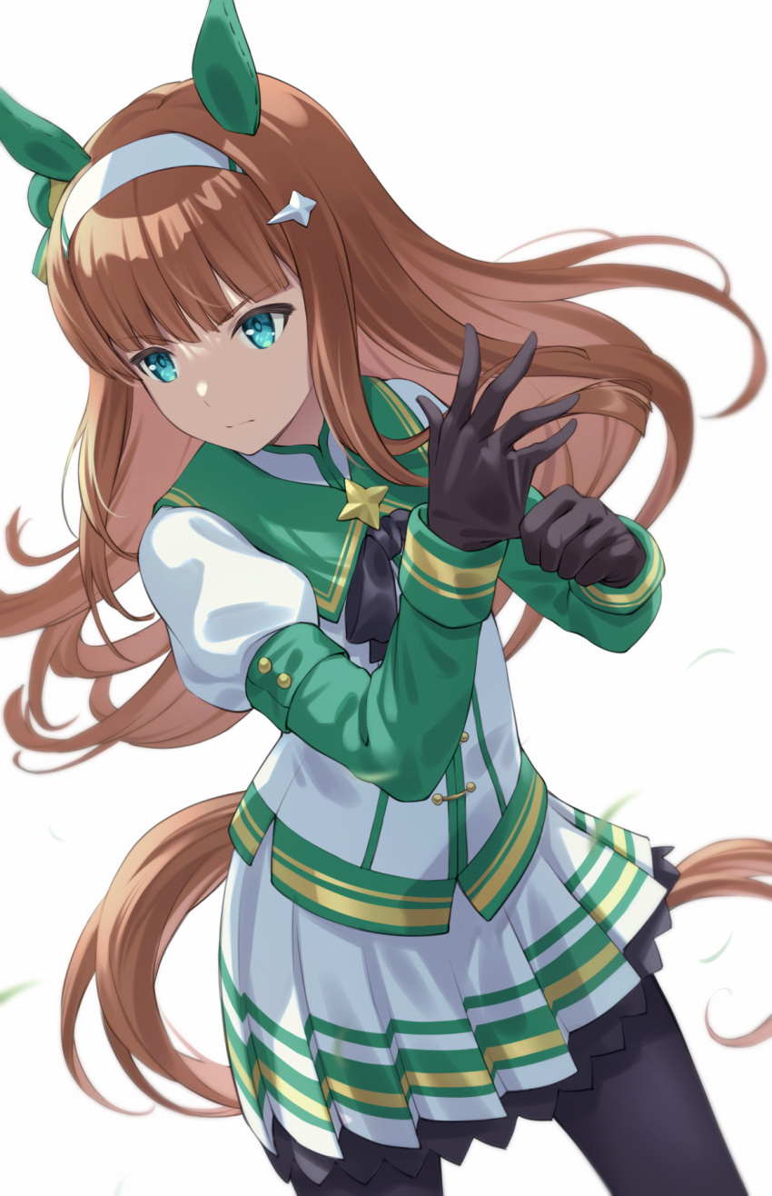 1girl, adjusting_clothes, adjusting_gloves, amerika_juu_pan, animal_ears, black_gloves, black_legwear, blue_eyes