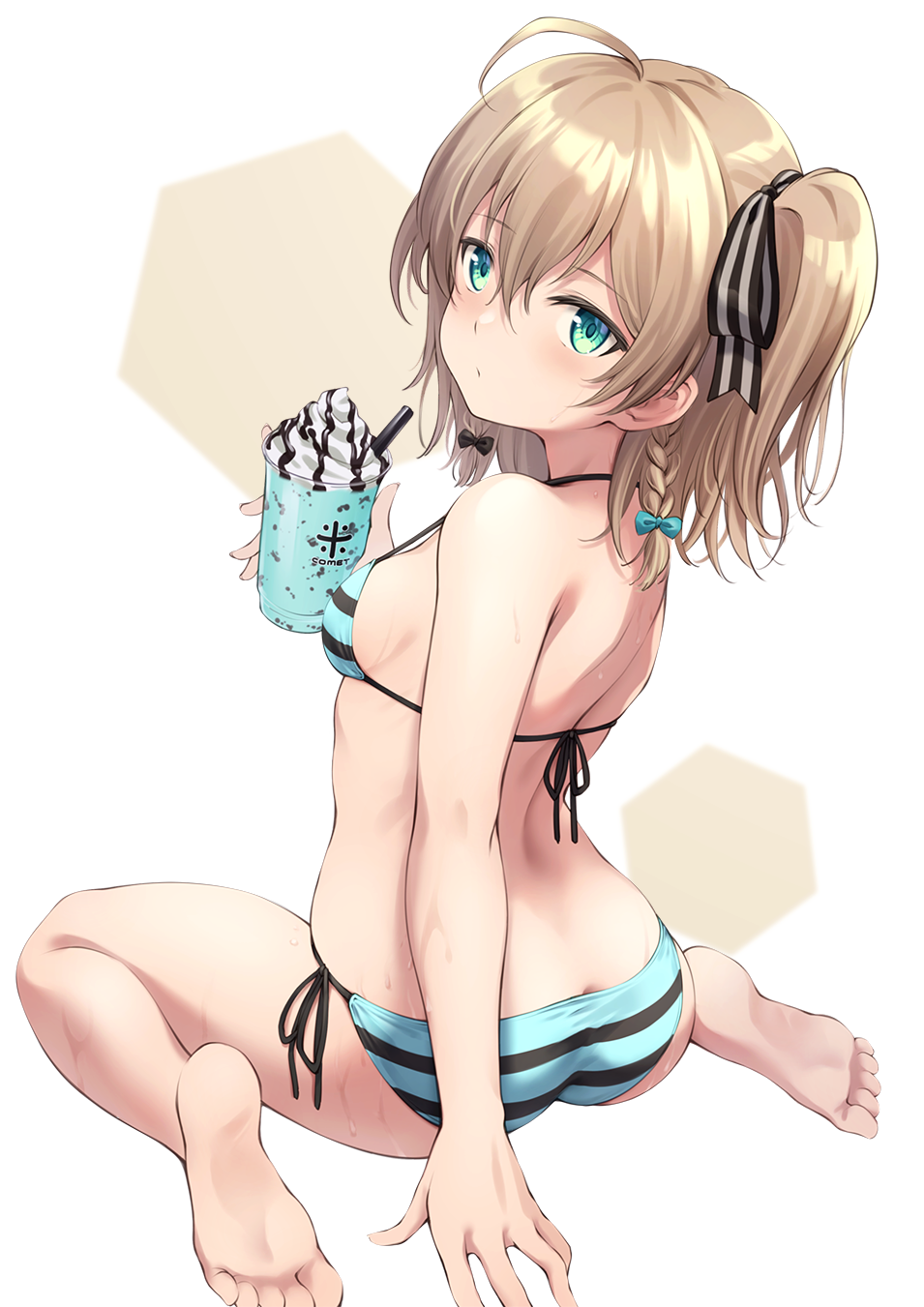 1girl, ahoge, amerika_juu_pan, aqua_bikini, ass, barefoot, bikini, blonde_hair, braid, breasts, commentary_request, cup, eyebrows_visible_through_hair, food, from_behind, green_eyes, hair_between_eyes, hair_ribbon, highres, holding, holding_cup, ice_cream, looking_at_viewer, looking_back, original, ribbon, side-tie_bikini, side_ponytail, single_braid, sitting, small_breasts, soles, solo, striped, striped_bikini, striped_ribbon, sundae, swimsuit, wariza