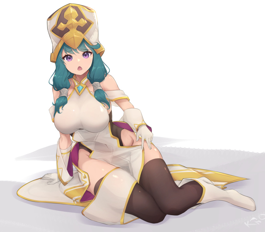 1girl, bangs, bare_shoulders, boots, breasts, dragalia_lost, eyebrows_visible_through_hair, full_body, gloves, green_hair, highres, hildegarde_(dragalia_lost), kanotype, large_breasts, looking_at_viewer, medium_hair, open_mouth, thigh-highs, thighs, violet_eyes