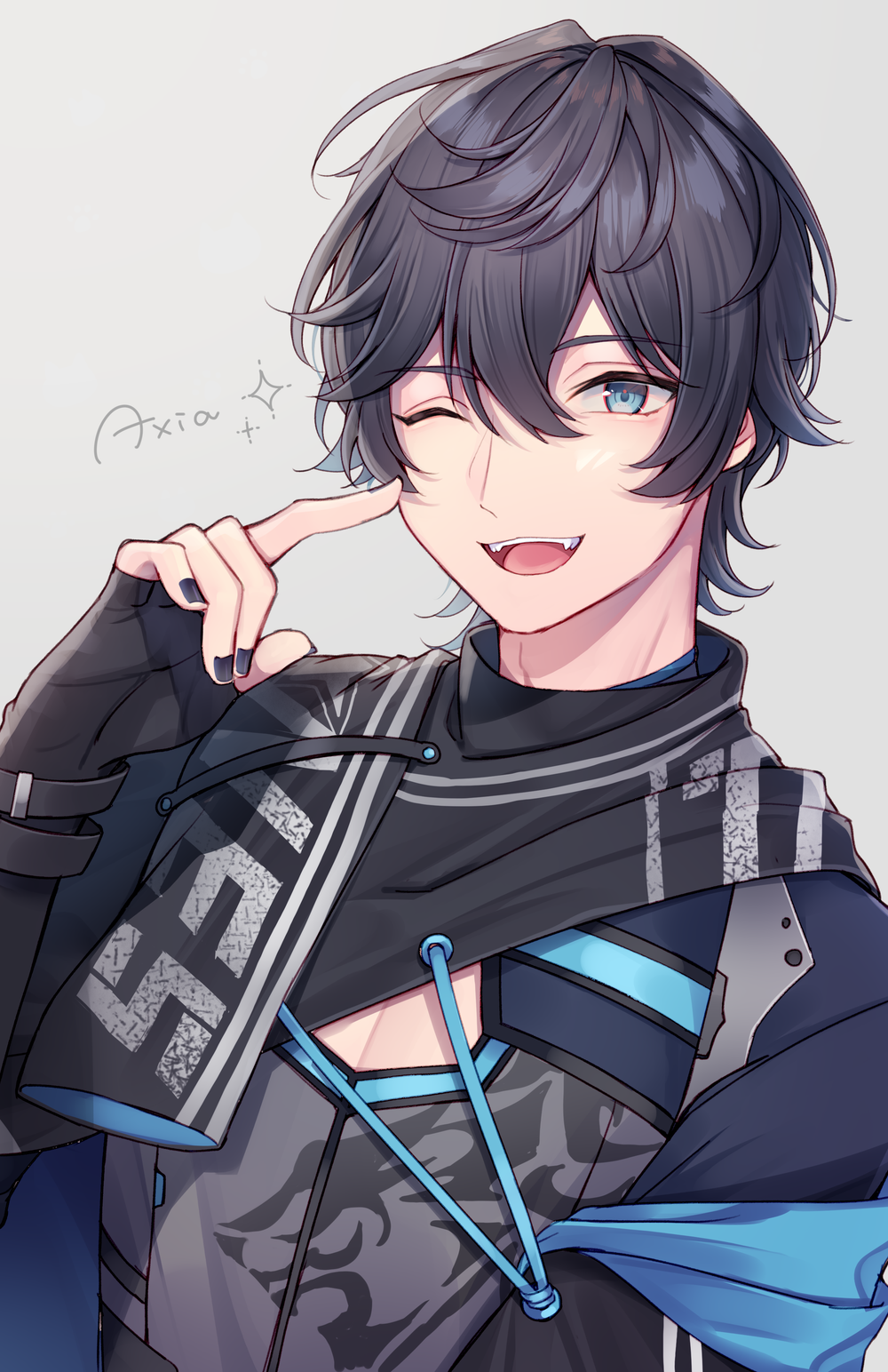 1boy, ;d, axia_krone, bangs, black_gloves, black_hair, black_nails, blue_eyes