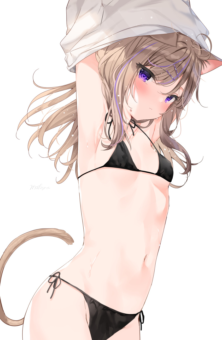 1girl, animal_ear_fluff, animal_ears, arms_up, bangs, bikini, black_bikini, blush