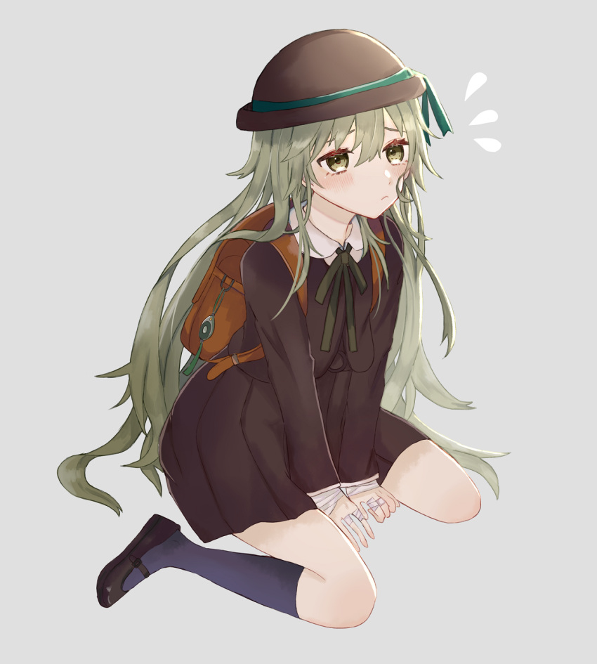1boy, akitama2727, backpack, bag, bandages, bangs, brown_bag, brown_dress