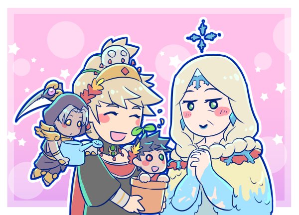 2boys, 2girls, :d, ^_^, astraea_f, black_hair, blonde_hair, blush_stickers, chibi, closed_eyes, commentary, demeter_(hades), dress, earrings, flower_pot, grandmother, greek_clothes, green_eyes, hades_(game), hands_clasped, heterochromia, hood, hood_up, jewelry, laurel_crown, miniboy, multiple_boys, multiple_girls, open_mouth, own_hands_together, persephone_(hades), plant_on_head, red_eyes, scythe, silver_hair, smile, star_(symbol), thanatos_(hades), watering_can, yellow_eyes, zagreus_(hades)