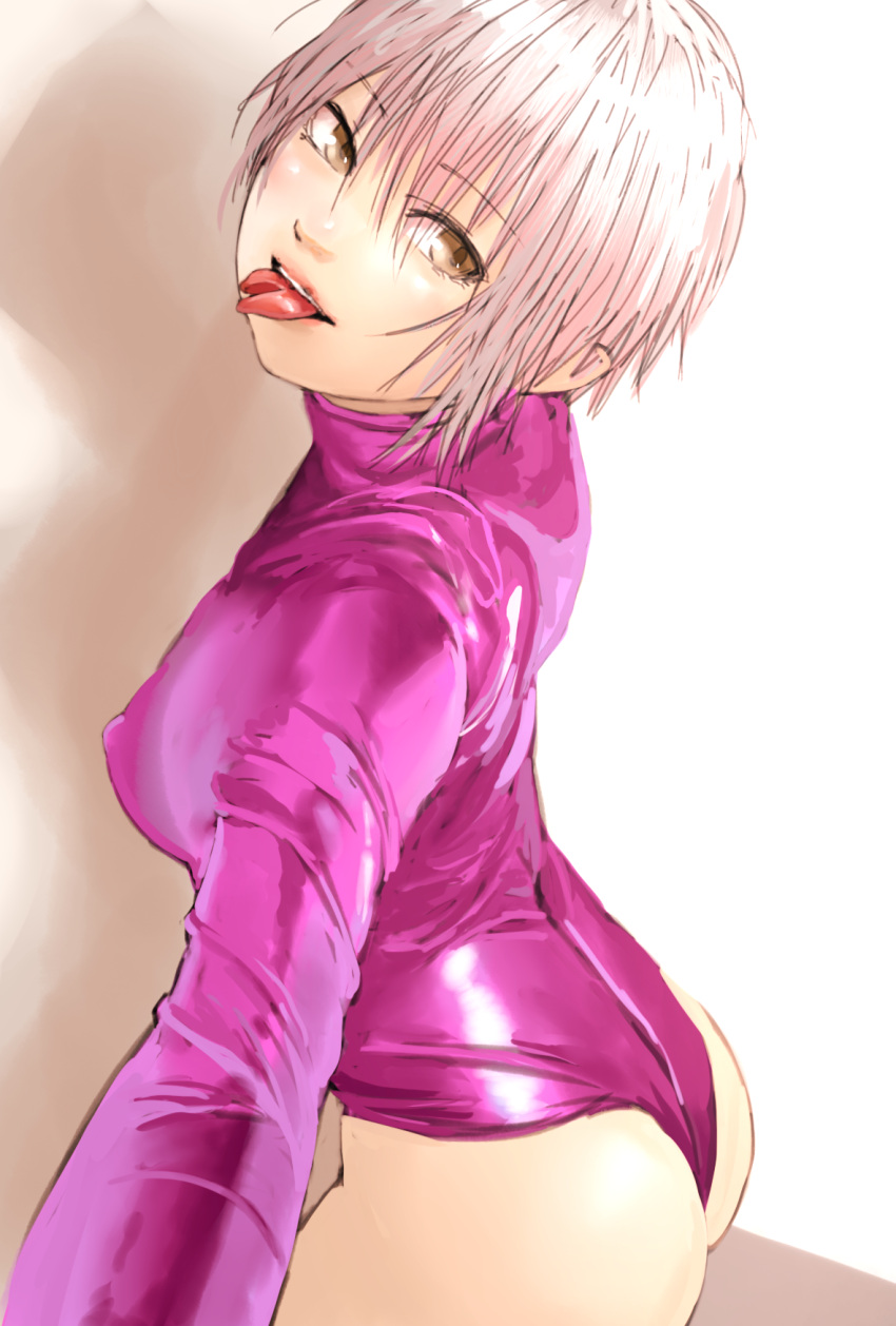 1girl, :d, ass, breasts, brown_eyes, covered_nipples, forked_tongue, from_side