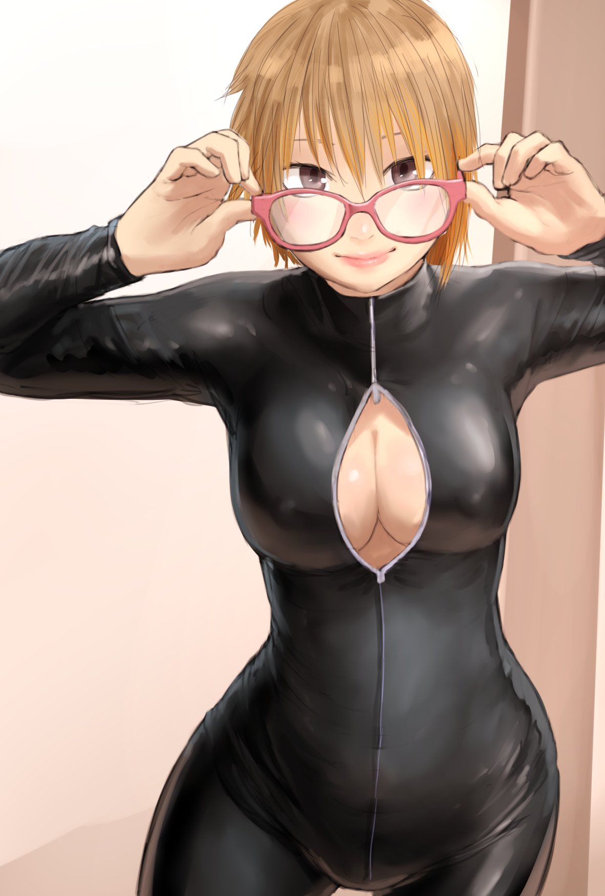 1girl, black_wetsuit, blonde_hair, brown_eyes, closed_mouth, cowboy_shot, glasses, glasses_day, hands_up, highres, kilye_kairi, long_sleeves, looking_at_viewer, original, pink-framed_eyewear, pink_lips, smile, solo, standing, wetsuit