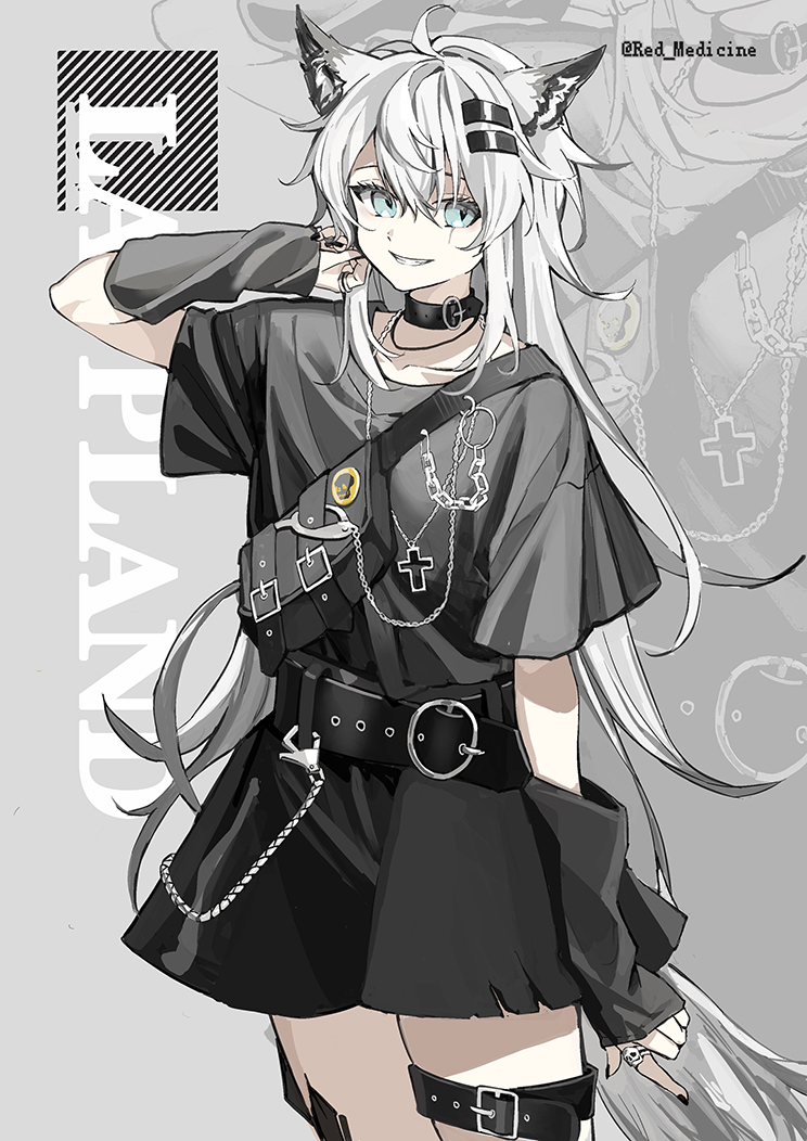 1girl, alternate_costume, animal_ears, arknights, bag, belt, black_belt, black_choker