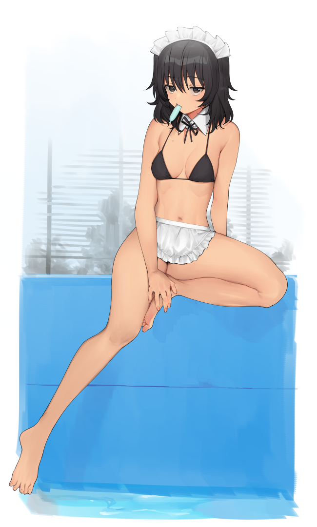 1girl, andou_(girls_und_panzer), apron, bangs, bare_arms, bare_legs, bikini, black_bikini, black_hair, black_neckwear, border, breasts, brown_eyes, commentary_request, dark-skinned_female, dark_skin, detached_collar, eyebrows_visible_through_hair, food, food_in_mouth, full_body, girls_und_panzer, jitome, looking_at_viewer, maid_apron, maid_headdress, medium_breasts, medium_hair, navel, neck_ribbon, popsicle, ribbon, sitting, solo, swimsuit, tan_(inka), toes, white_border