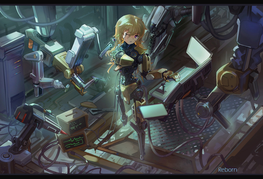 1girl, cable, computer, cyborg, damaged, english_commentary, eyeball, full_body