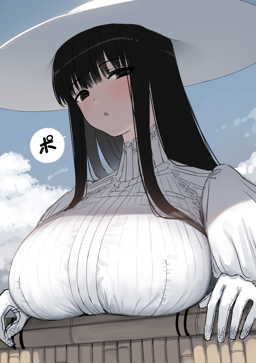 1girl, bangs, black_eyes, black_hair, blue_sky, blush, breasts, clouds