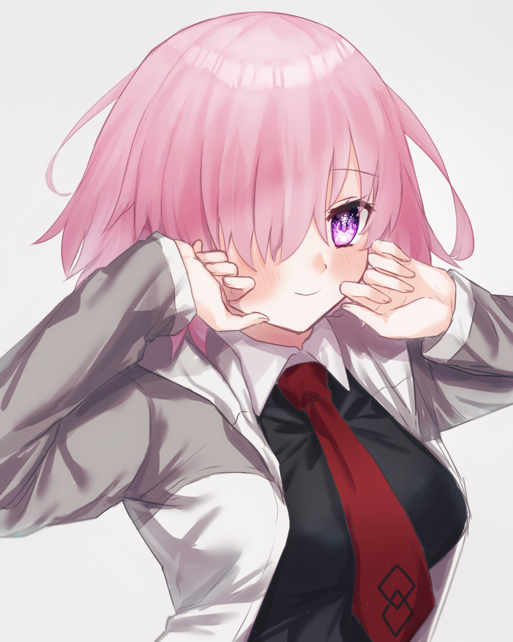 1girl, bangs, between_breasts, black_shirt, blush, breasts, closed_mouth, collared_shirt