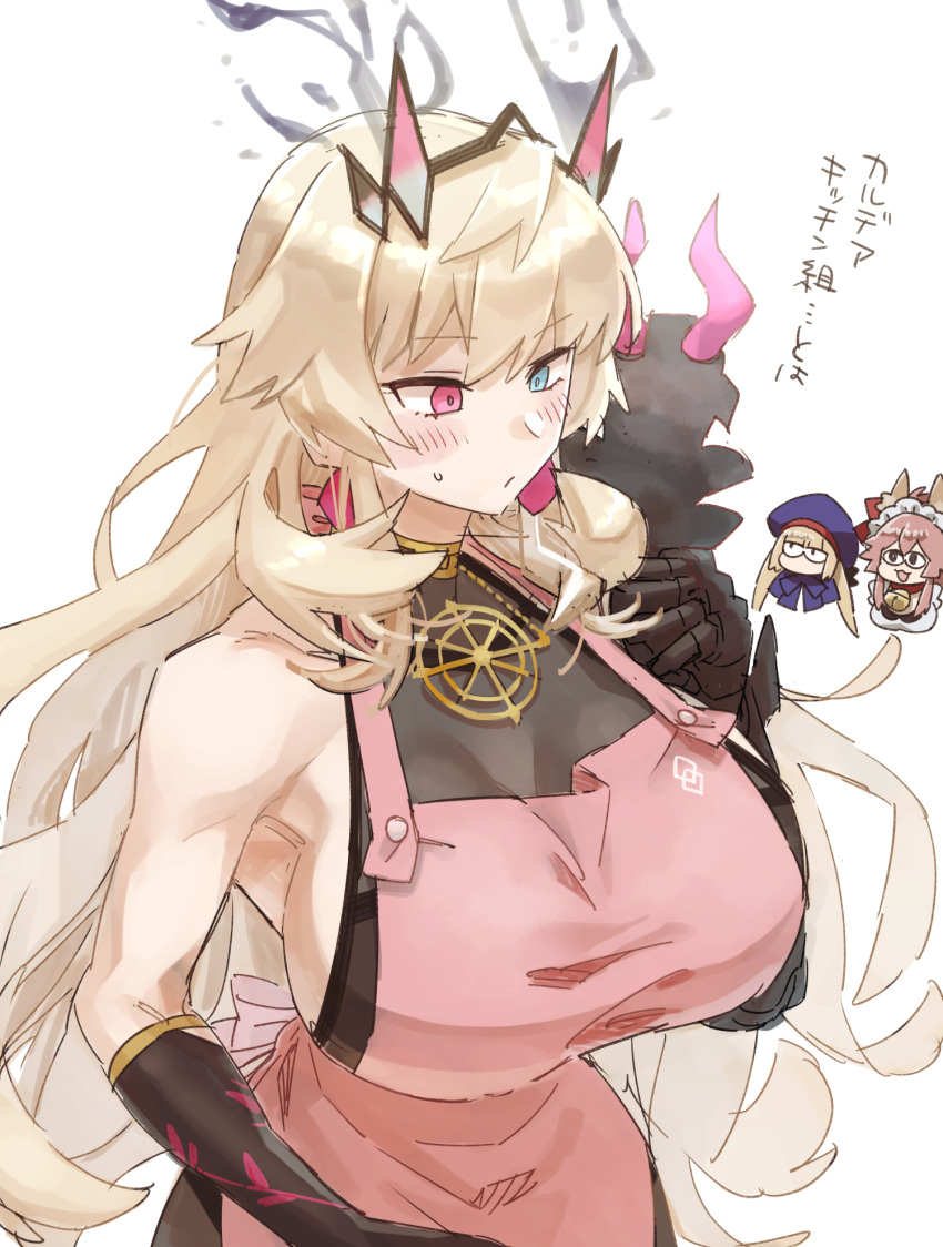 3girls, animal_ears, apron, artoria_pendragon_(all), artoria_pendragon_(caster)_(fate), bell, black_gloves, blonde_hair, breasts, chaldea_logo, darkness, fairy_knight_gawain_(fate), fate/grand_order, fate_(series), fox_ears, futaba_(futaba_uc), gloves, hat, heterochromia, highres, large_breasts, long_hair, multiple_girls, neck_bell, pink_hair, tamamo_(fate)_(all), tamamo_cat_(fate), twintails, white_background