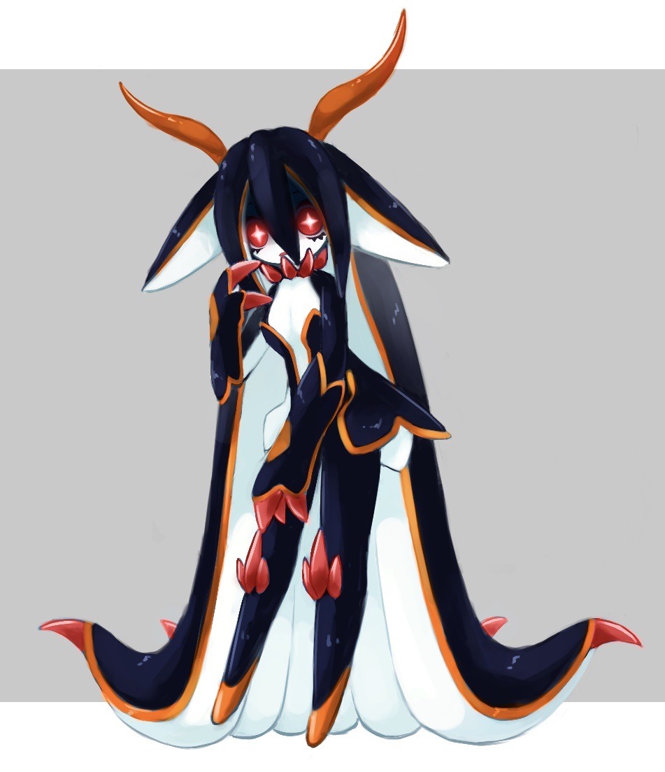 +_+, 1girl, absurdly_long_hair, animal_ears, black_skin, blue_hair, breasts, colored_skin, dark_persona, fewer_digits, full_body, grey_background, hair_between_eyes, hand_up, horns, long_hair, looking_at_viewer, masyu_ori, monster_girl, multicolored, multicolored_skin, no_feet, original, parted_lips, red_theme, small_breasts, solo, tentacle_hair, two-tone_skin, very_long_hair, white_skin