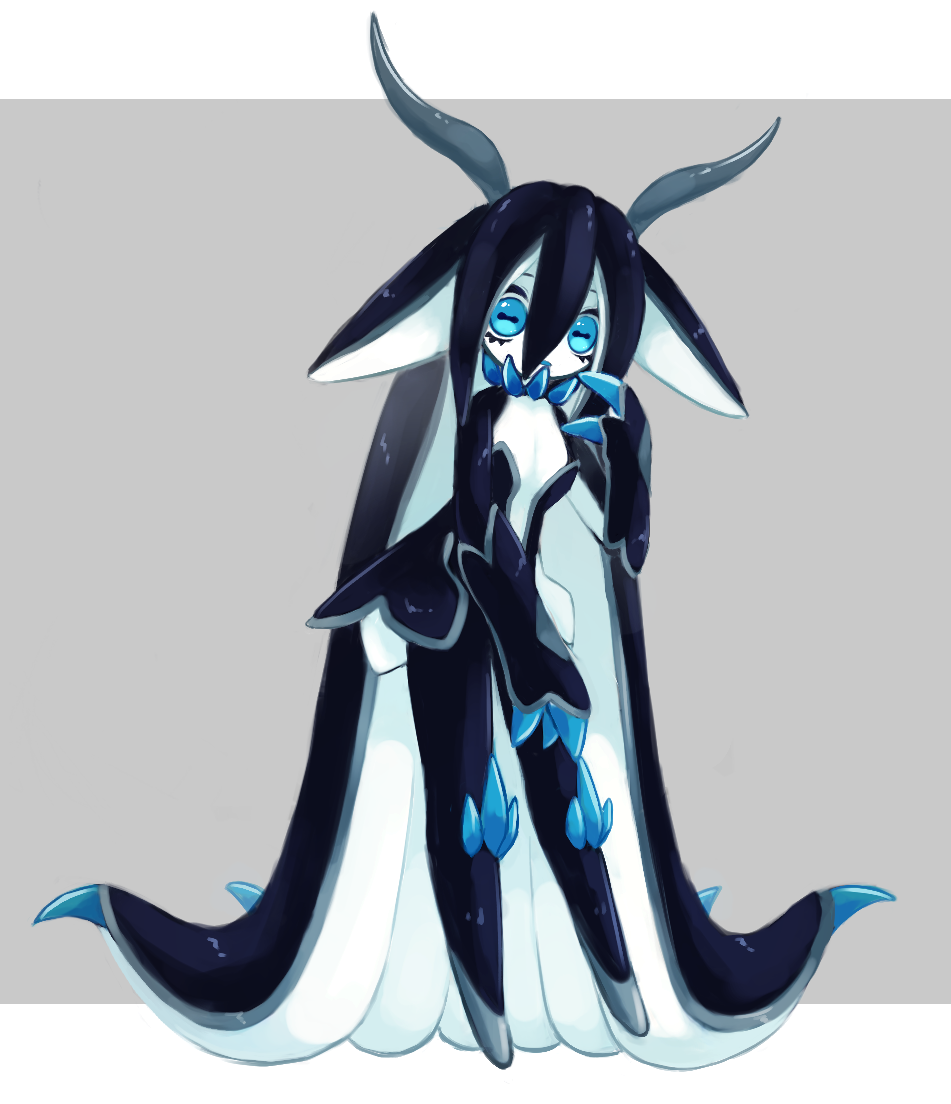 1girl, absurdly_long_hair, animal_ears, black_skin, blue_eyes, blue_hair, blue_theme, cephalopod_eyes, colored_skin, fewer_digits, full_body, grey_background, hair_between_eyes, hand_up, horns, long_hair, looking_at_viewer, masyu_ori, monster_girl, multicolored, multicolored_skin, no_feet, original, parted_lips, solo, tentacle_hair, two-tone_skin, very_long_hair, white_skin