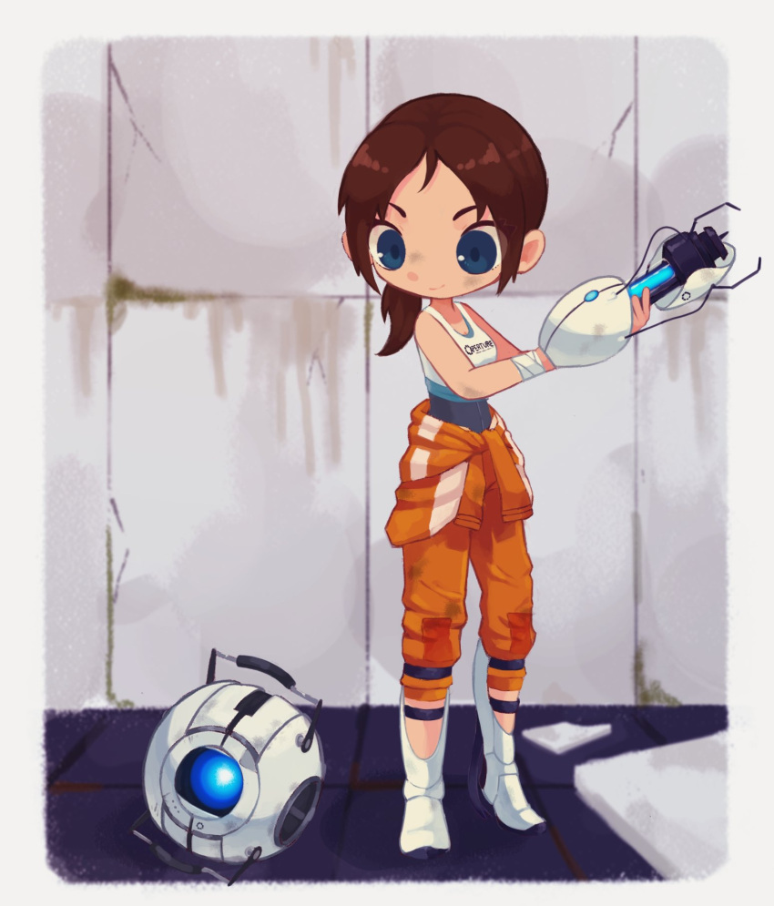 1girl, aperture_science_handheld_portal_device, bandaged_wrist, blue_eyes, brown_hair, chell, closed_mouth, dirty