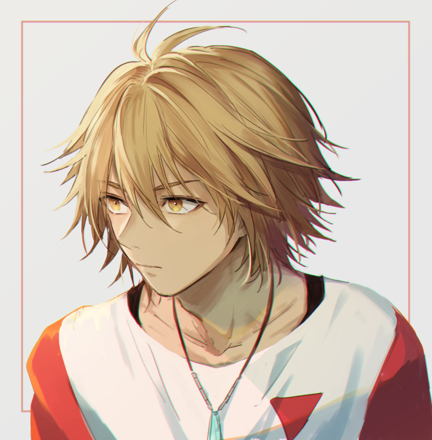 1boy, araratake, blonde_hair, hair_between_eyes, highres, hiroki_(pet), jewelry, male_focus, necklace, pet_(ranjou_miyake), shirt, short_hair, simple_background, solo, t-shirt, white_background, yellow_eyes