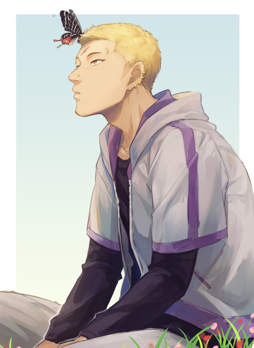 1boy, adam's_apple, araratake, black_shirt, blonde_hair, blue_sky, bug, butterfly
