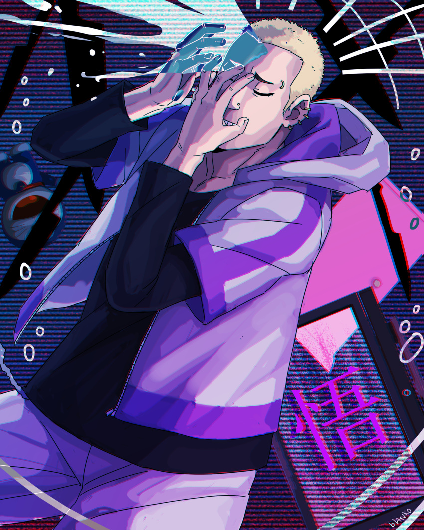 1boy, absurdres, artist_name, black_shirt, blanko!, blonde_hair, bubble, cellphone, closed_eyes, doraemon, doraemon_(character), ear_piercing, hands_up, highres, hood, hoodie, long_sleeves, male_focus, pet_(ranjou_miyake), phone, piercing, satoru_(pet), shirt, solo, zipper