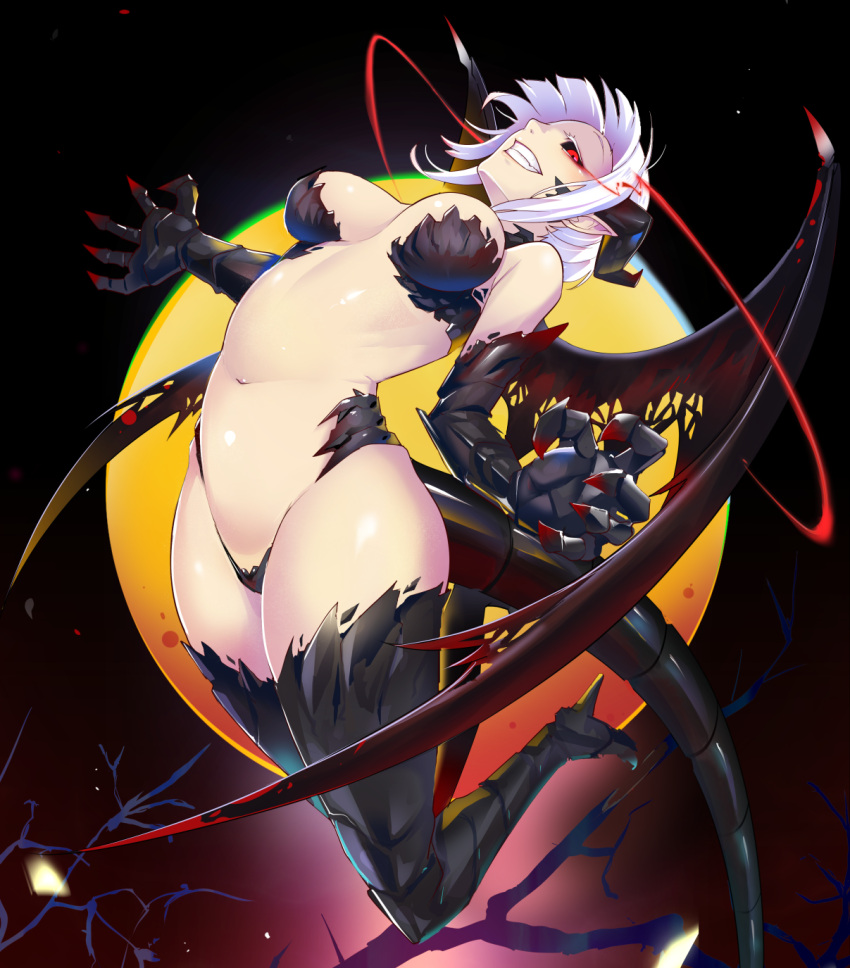 breasts, claws, commission, dragon_girl, dragon_horns, dragon_tail, dragon_wings, evil_grin