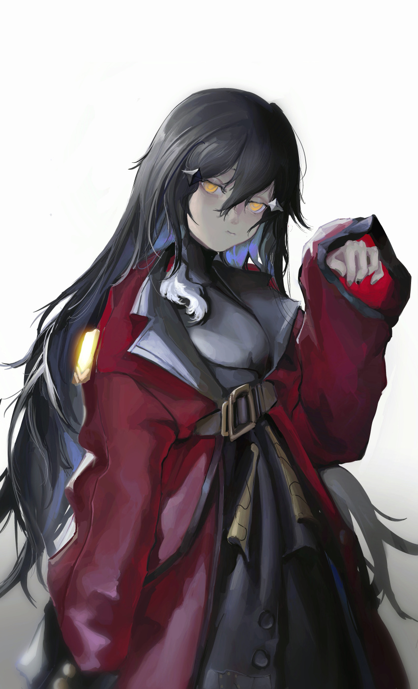 1girl, absurdres, belt, black_belt, black_dress, black_hair, coat, dandelion