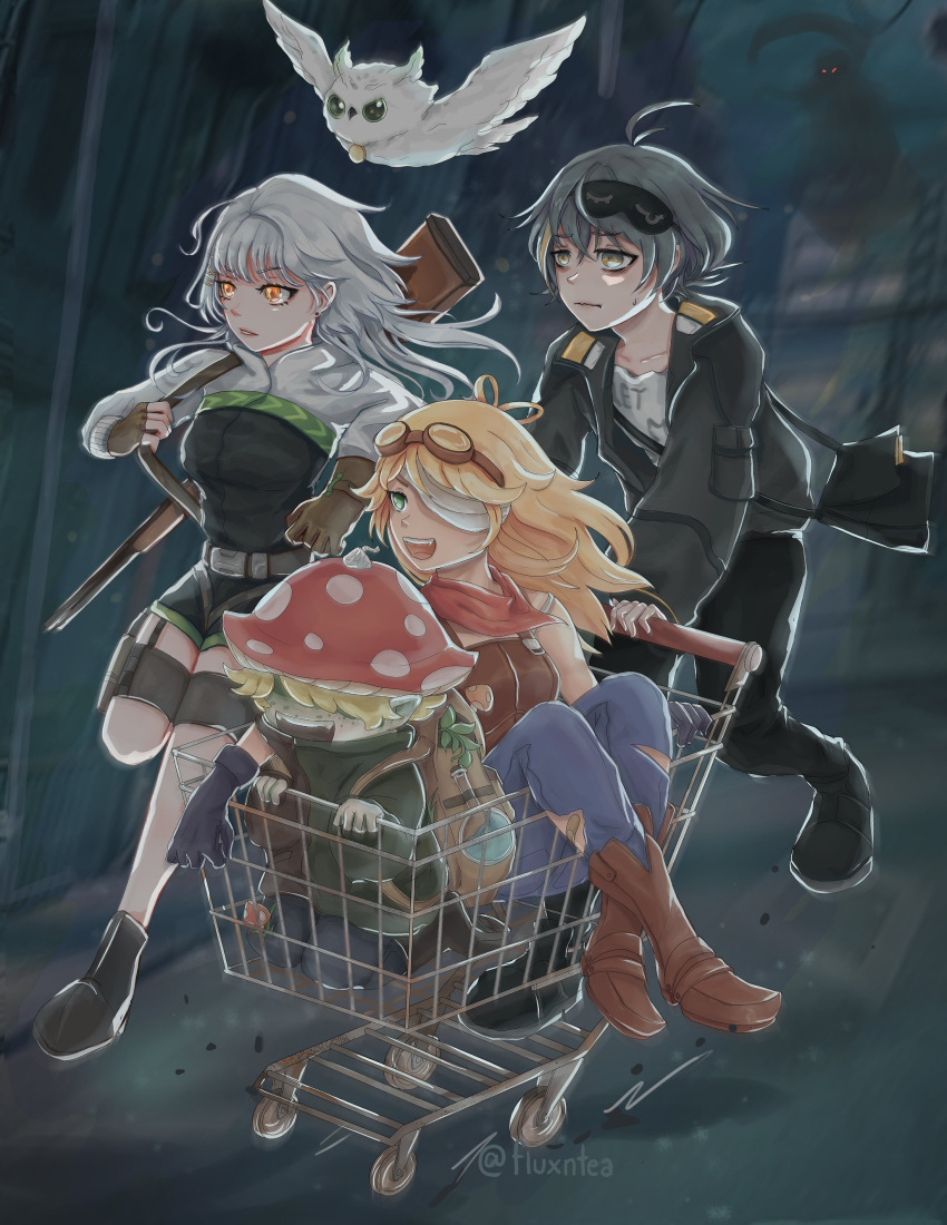 absurdres, backpack, bag, bangs, bird, blonde_hair, bottle, earrings