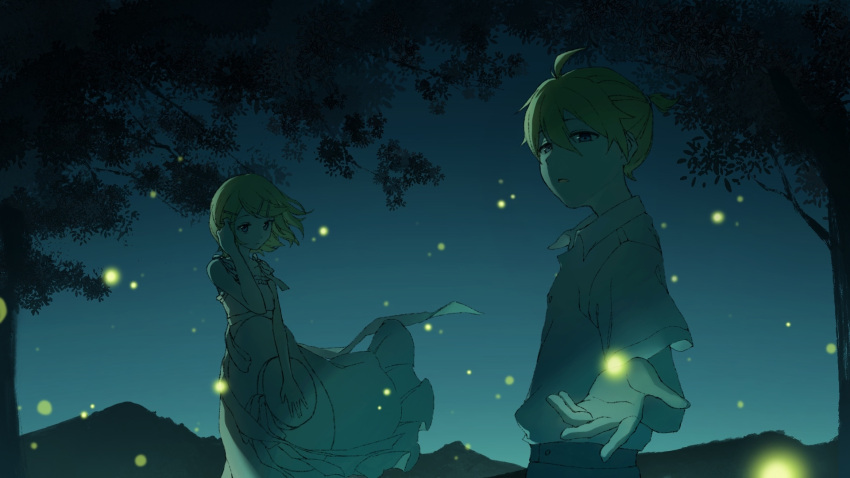 1boy, 1girl, ahoge, bare_arms, bare_shoulders, blonde_hair, blue_eyes, dim_lighting