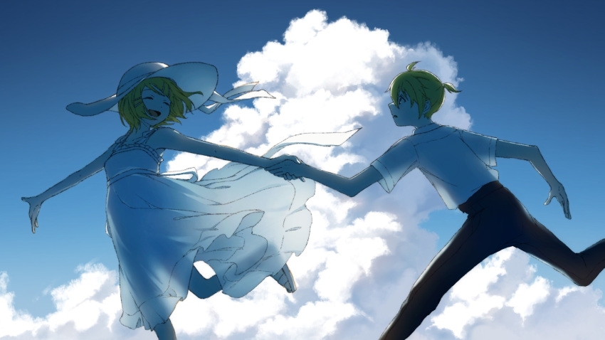 1boy, 1girl, ^_^, backlighting, blonde_hair, blue_eyes, blue_sky, closed_eyes