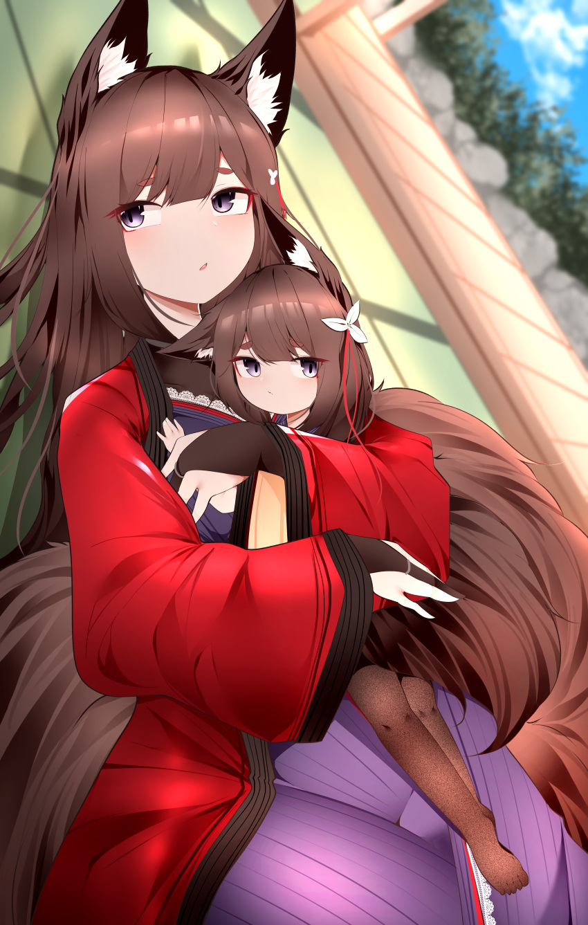 2girls, absurdres, amagi-chan_(azur_lane), amagi_(azur_lane), animal_ear_fluff, animal_ears, azur_lane, black_legwear, blurry, blurry_background, bridal_gauntlets, brown_hair, brown_tail, child, coat, fox_ears, fox_girl, fox_tail, highres, huge_filesize, indoors, japanese_clothes, kimono, kitsune, kyuubi, long_hair, lying, multiple_girls, multiple_tails, on_back, open_clothes, open_coat, pantyhose, red_kimono, samip, tail, thick_eyebrows, violet_eyes, wide_sleeves