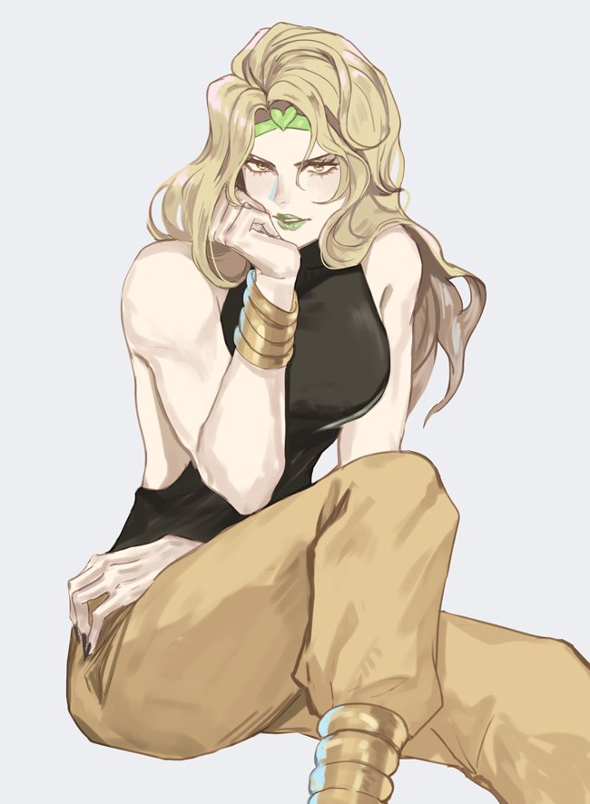 1girl, bare_shoulders, black_leotard, blonde_hair, bracelet, breasts, dio_brando, elbow_rest
