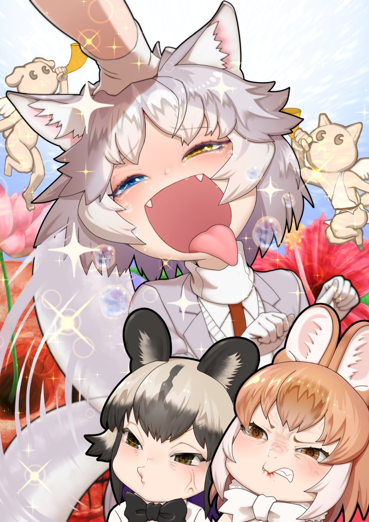 3girls, african_wild_dog_(kemono_friends), african_wild_dog_print, ahegao, anger_vein, animal_ears, biting, blue_eyes