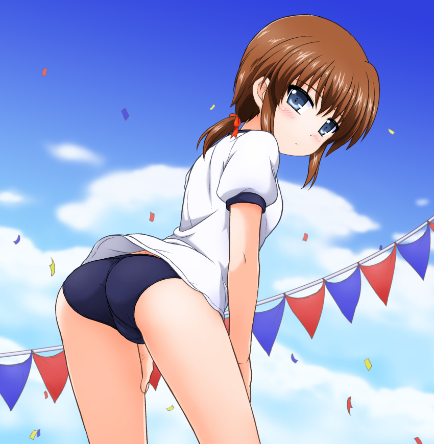 1girl, absurdres, alternate_hairstyle, ass, bangs, blue_buruma, blue_sky, blush, buruma, closed_mouth, clouds, cloudy_sky, commentary_request, confetti, cowboy_shot, day, enma702, from_behind, gym_shirt, gym_uniform, hands_on_own_thighs, highres, light_frown, looking_at_viewer, looking_back, low_twintails, lyrical_nanoha, mahou_shoujo_lyrical_nanoha, mahou_shoujo_lyrical_nanoha_a's, mahou_shoujo_lyrical_nanoha_a's_portable:_the_battle_of_aces, material-s, outdoors, shirt, short_hair, short_sleeves, sky, solo, standing, string_of_flags, t-shirt, twintails