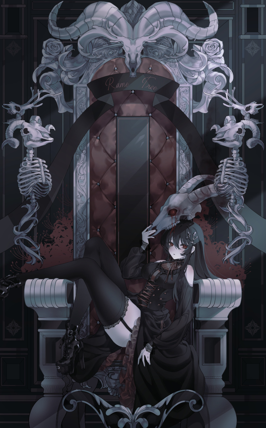 1girl, absurdres, animal_skull, arm_up, bangs, black_dress, black_footwear, black_hair