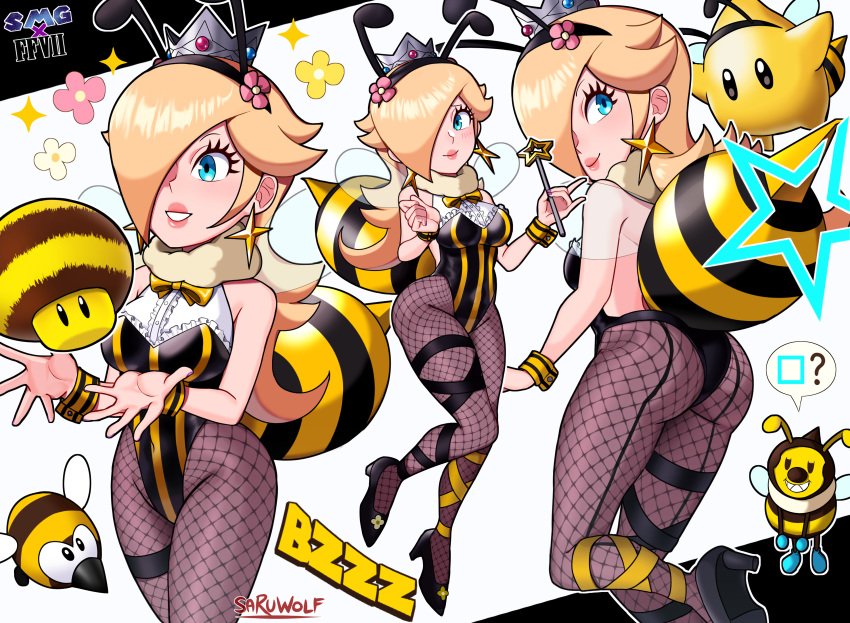1girl, absurdres, ass, bee_costume, black_footwear, black_leotard, blonde_hair, blue_eyes