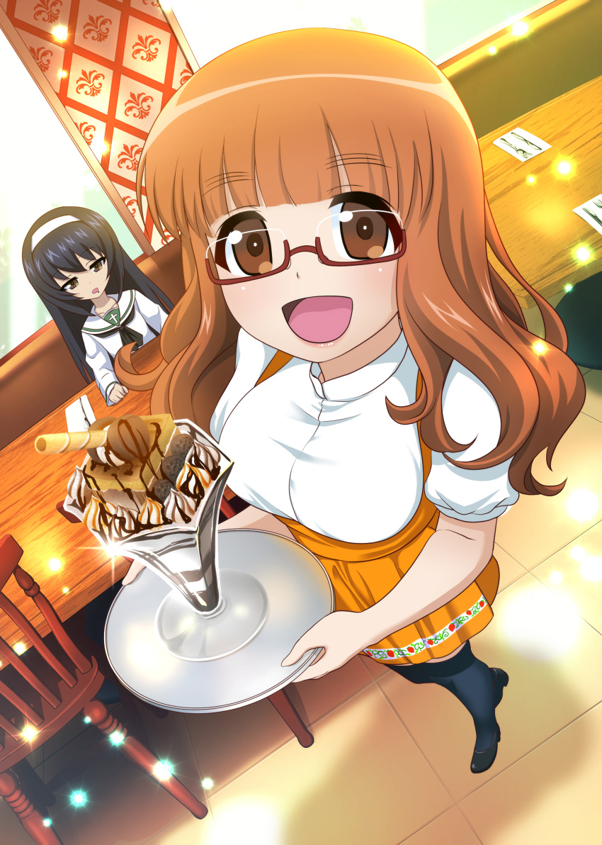 2girls, :d, absurdres, alternate_costume, anna_miller, bangs, black_footwear, black_hair