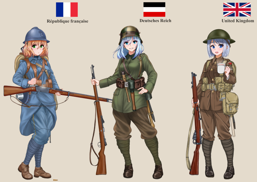 3girls, absurdres, ammunition_pouch, ankle_boots, backpack, bag, belt_buckle, blonde_hair