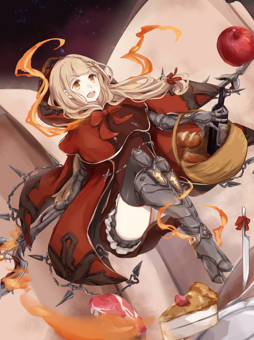 1girl, apple, armored_boots, aya_(jhisaishi), bangs, basket, blonde_hair, blunt_bangs, book, boots, bow, bread, cape, elbow_gloves, eyebrows_visible_through_hair, fire, food, fruit, gloves, hair_ornament, hair_ribbon, hairclip, happy, highres, holding, holding_basket, hood, hood_down, knife, little_red_riding_hood_(sinoalice), long_hair, meat, open_mouth, orange_eyes, ribbon, shorts, sinoalice, solo, thigh-highs, zettai_ryouiki
