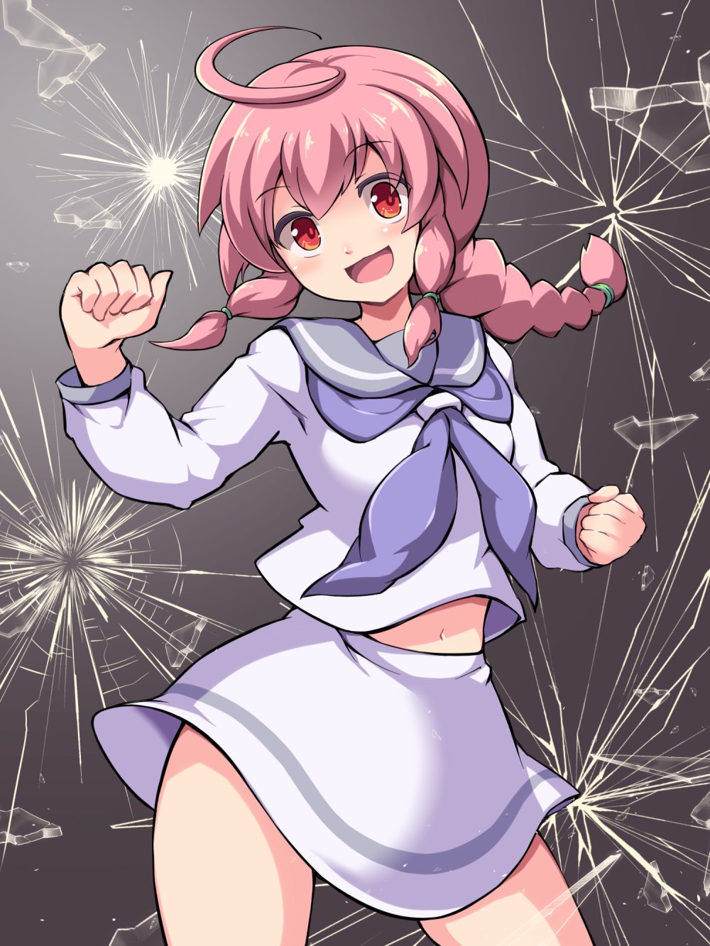100_percent_orange_juice, 1girl, ahoge, blue_sailor_collar, blush, braid, contrapposto, cowboy_shot, eyebrows_visible_through_hair, highres, long_sleeves, looking_at_viewer, midriff, midriff_peek, miniskirt, navel, neckerchief, nisemono_faker, open_mouth, pink_hair, qp_shooting, red_eyes, sailor_collar, school_uniform, shirt, short_hair, skirt, solo, syura