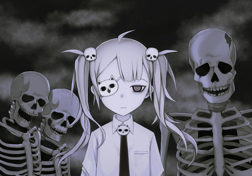 ahoge, black_neckwear, black_sky, cat_ornament, closed_mouth, clouds, cloudy_sky, collared_shirt