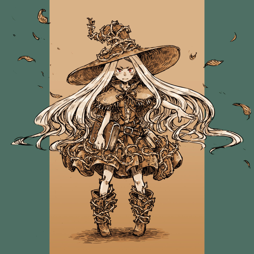 1girl, bag, bangs, belt, blonde_hair, book, boots, capelet