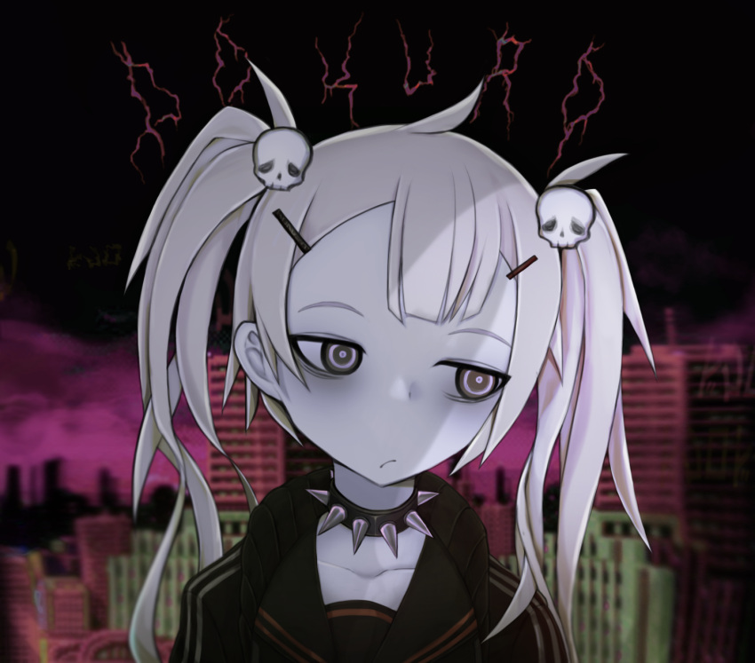 ahoge, bags_under_eyes, black_jacket, black_sailor_collar, black_serafuku, building, choker, closed_mouth