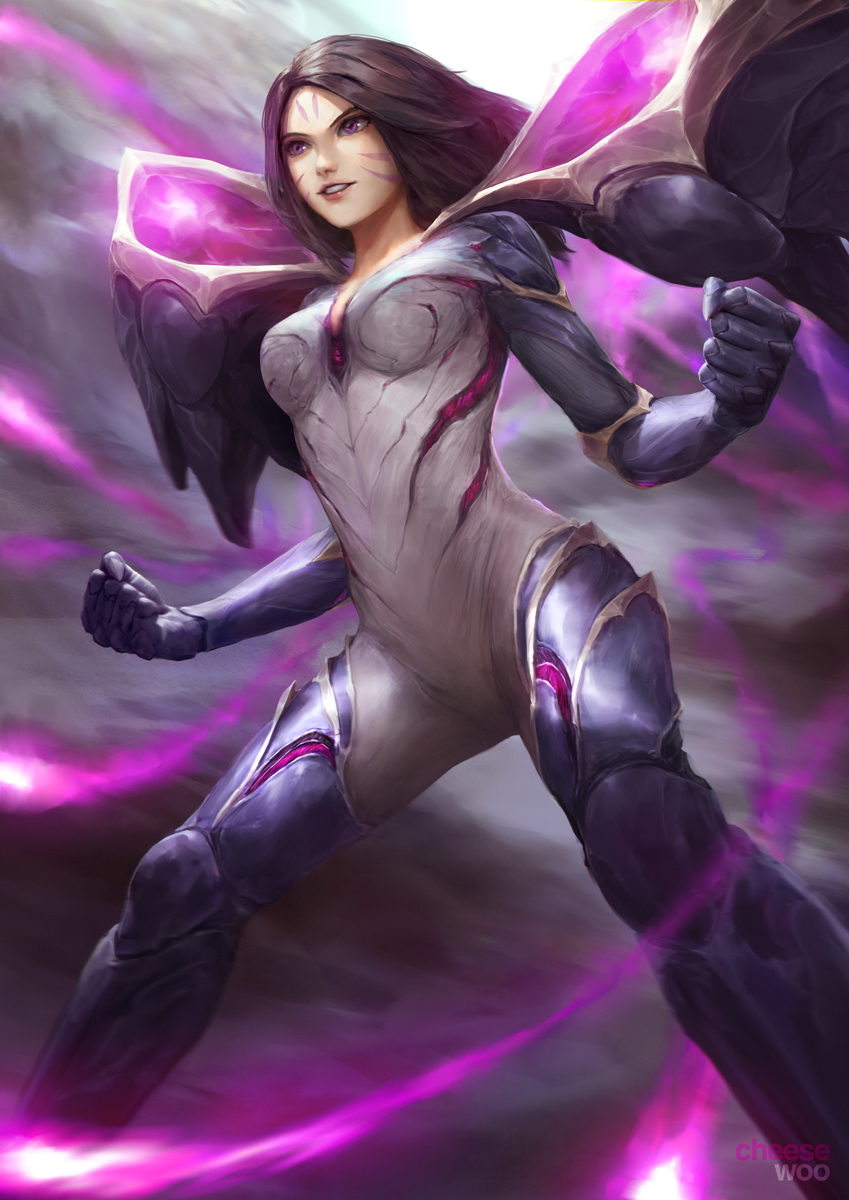 1girl, armor, artstation_username, bodysuit, brown_hair, clenched_hands, energy, energy_wings