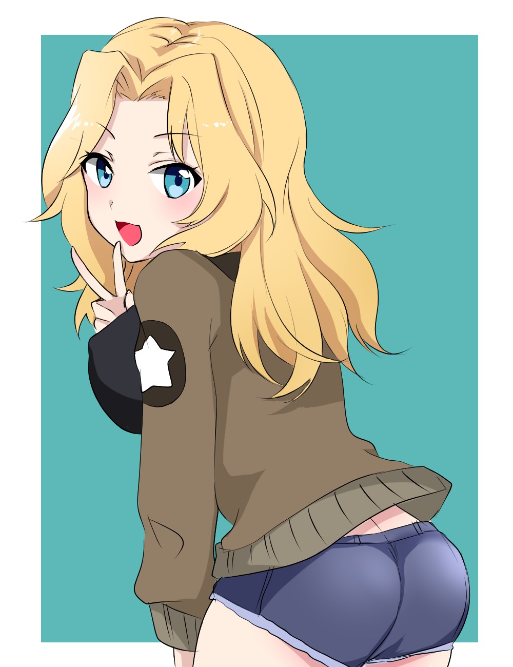 1girl, airi_(akamichiaika), aqua_background, ass, black_shirt, blonde_hair, blush, border