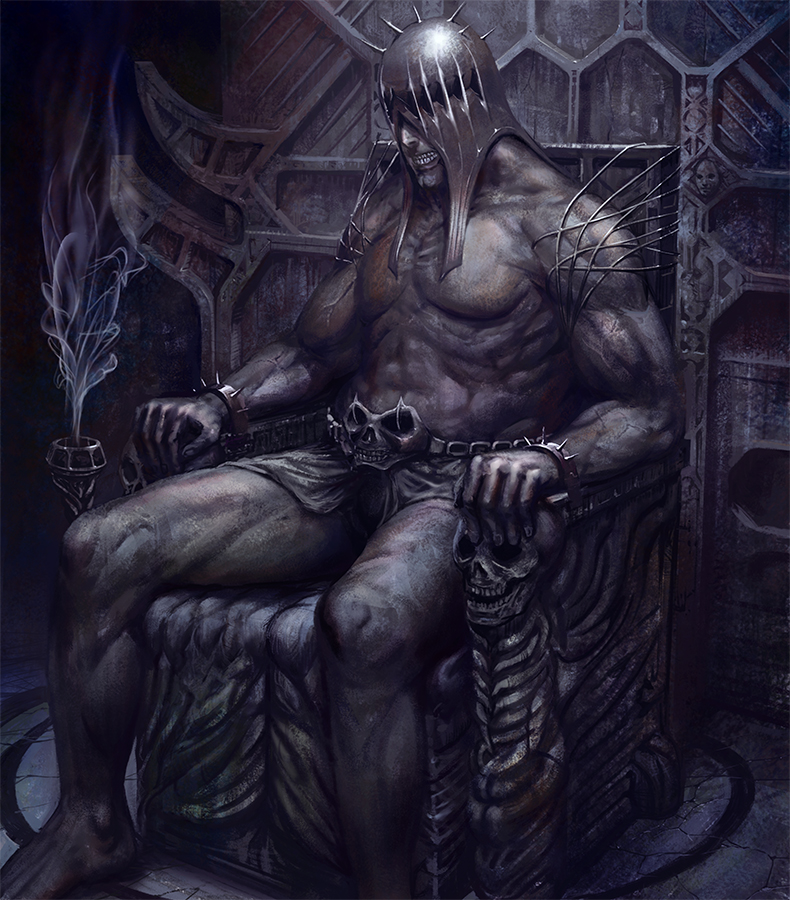 helmet, lord_of_vermilion, male, muscle, mythology, noba, sitting, skull