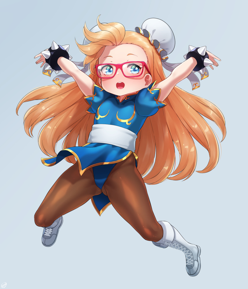 1girl, absurdres, alternate_costume, arms_up, artist_name, ass_visible_through_thighs, asymmetrical_bangs, bangs, blonde_hair, blue_background, blue_dress, blue_eyes, blue_leotard, blush, boots, born-to-die, bracelet, brown_legwear, bun_cover, chestnut_mouth, child, china_dress, chinese_clothes, chun-li, chun-li_(cosplay), commentary, cosplay, cross-laced_footwear, double_bun, dress, english_commentary, flat_chest, forehead, full_body, gelbooru, gelbooru-tan, glasses, gold_trim, hair_ribbon, highres, jewelry, jumping, knee_boots, lace-up_boots, leotard, leotard_under_clothes, long_hair, looking_to_the_side, mixed-language_commentary, obi, open_mouth, outstretched_arms, pantyhose, pelvic_curtain, red-framed_eyewear, ribbon, sash, shiny, shiny_hair, short_sleeves, side_slit, signature, simple_background, solo, spiked_bracelet, spikes, street_fighter, tareme, teeth, tied_hair, white_footwear, white_ribbon