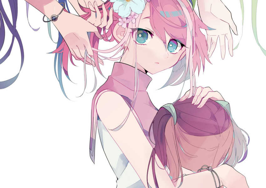 1girl, bracelet, hiiragi_yuzu, hug, pink_hair, short_twintails, tasutekete, tenjouin_asuka_(cosplay)