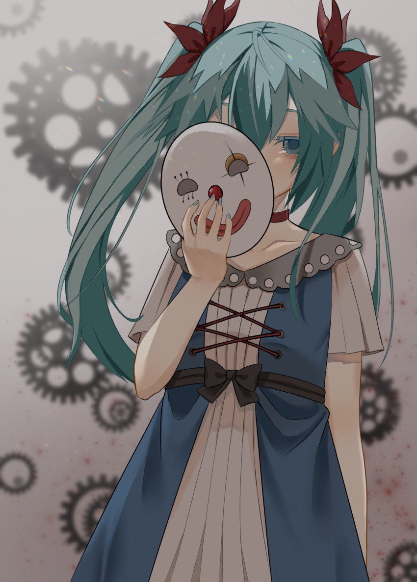1girl, aqua_eyelashes, aqua_eyes, aqua_hair, blue_dress, blurry, blurry_background, choker